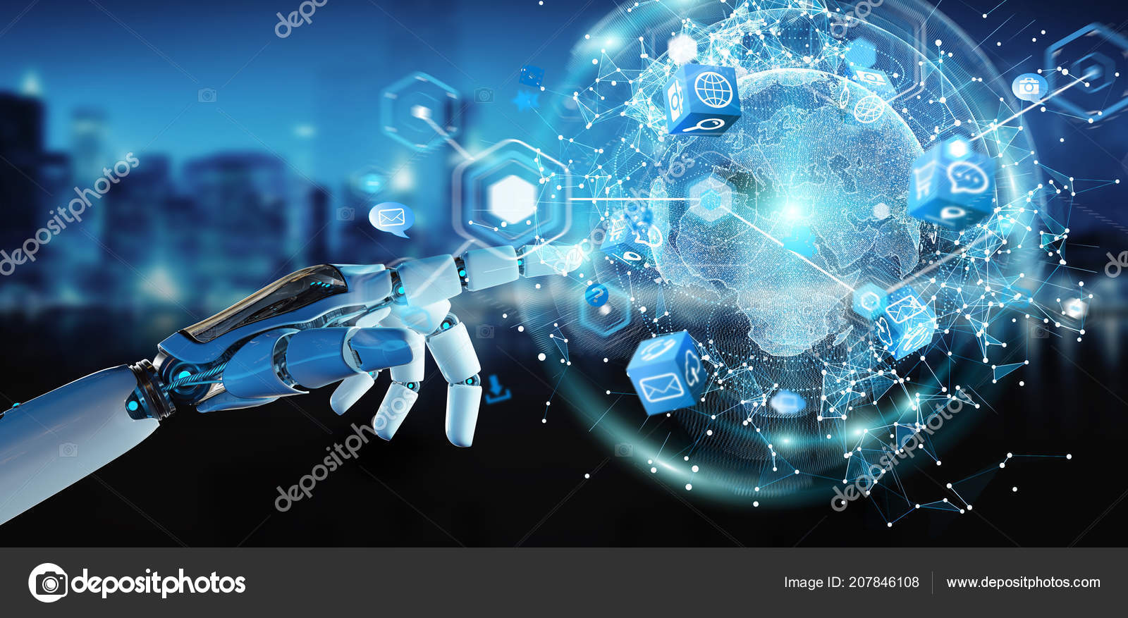 white robot hand using digital screen interface 3d rendering